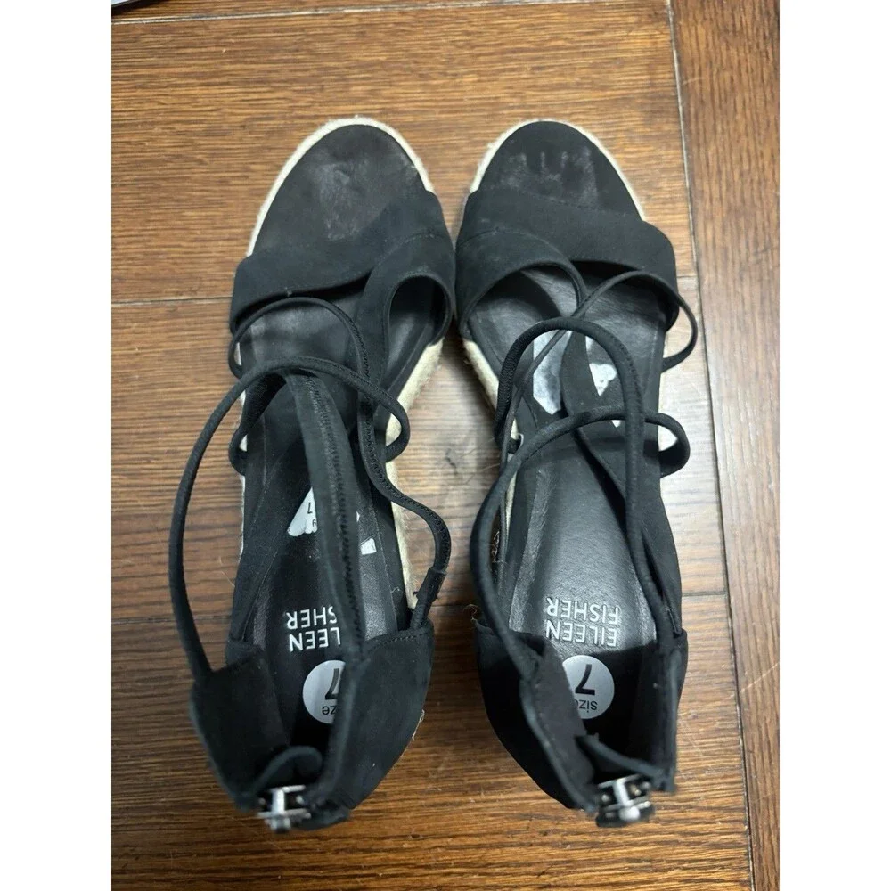 Eileen Fisher Wanda Tumbled Nubuck Espadrille Sandals in Black Size 7 NWOB